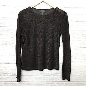 Lafayette 148 Women's Brown Gold Sparkly Top Sheer Long Sleeve Silk Blend M